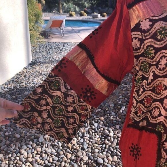 Embellished Caftan Womens Vintage Ethnic Red Black Zip Gold Threading Block Dyed - Picture 15 of 15